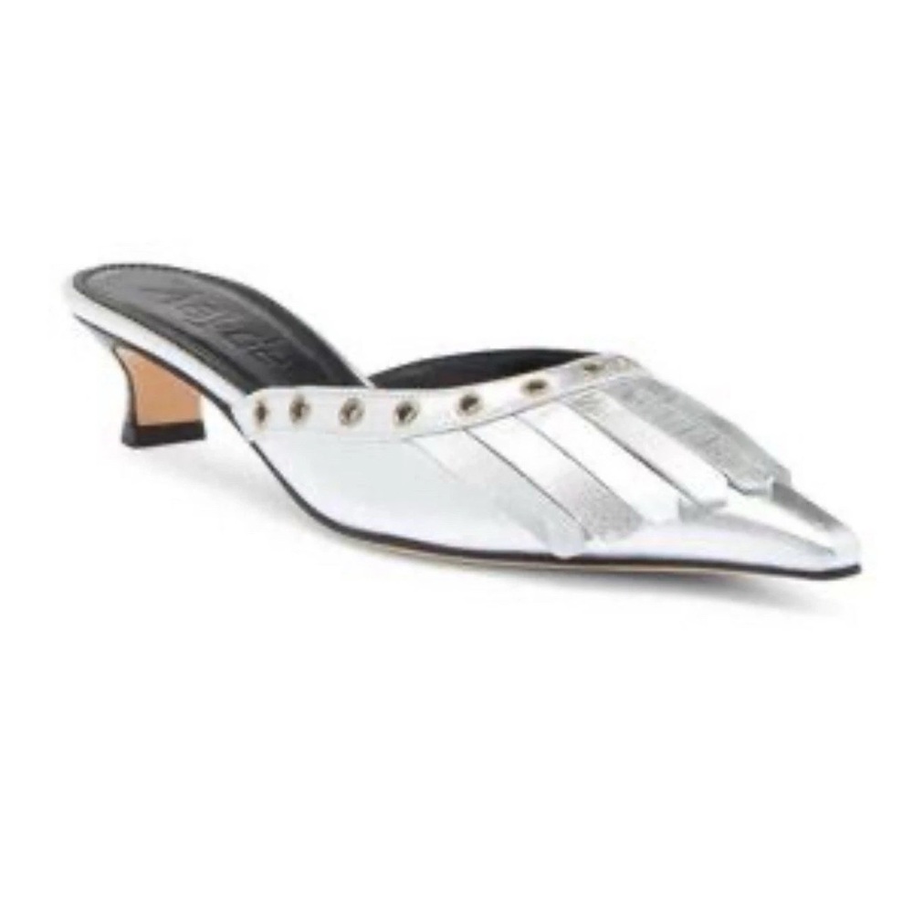 AEYDE Tania Kiltie Fringe Silver Mule Pumps 37=6
